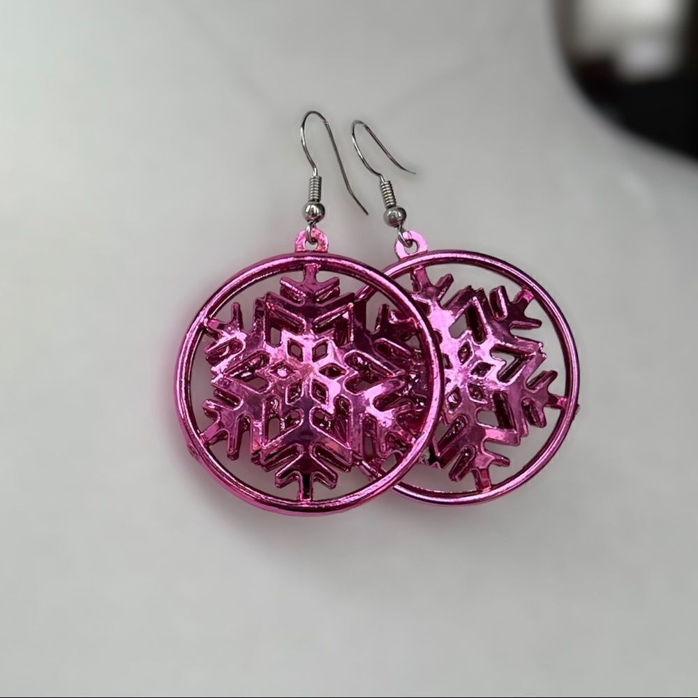 Christmas Holiday Snowflake Dangle Earrings Hot Pink